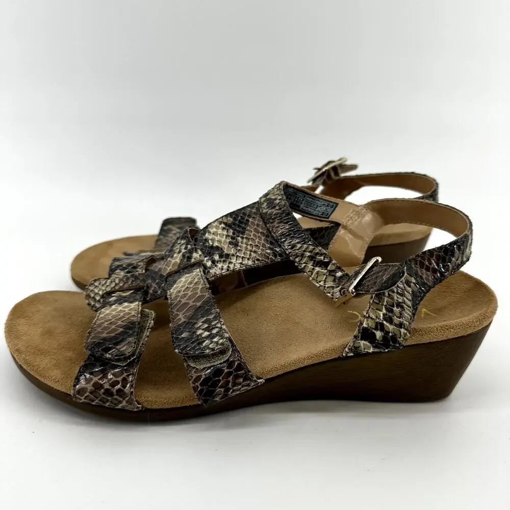 Vionic Glenda Orthaheel Sandals Snakeskin Strappy Wedge Leather Brown Black US 8